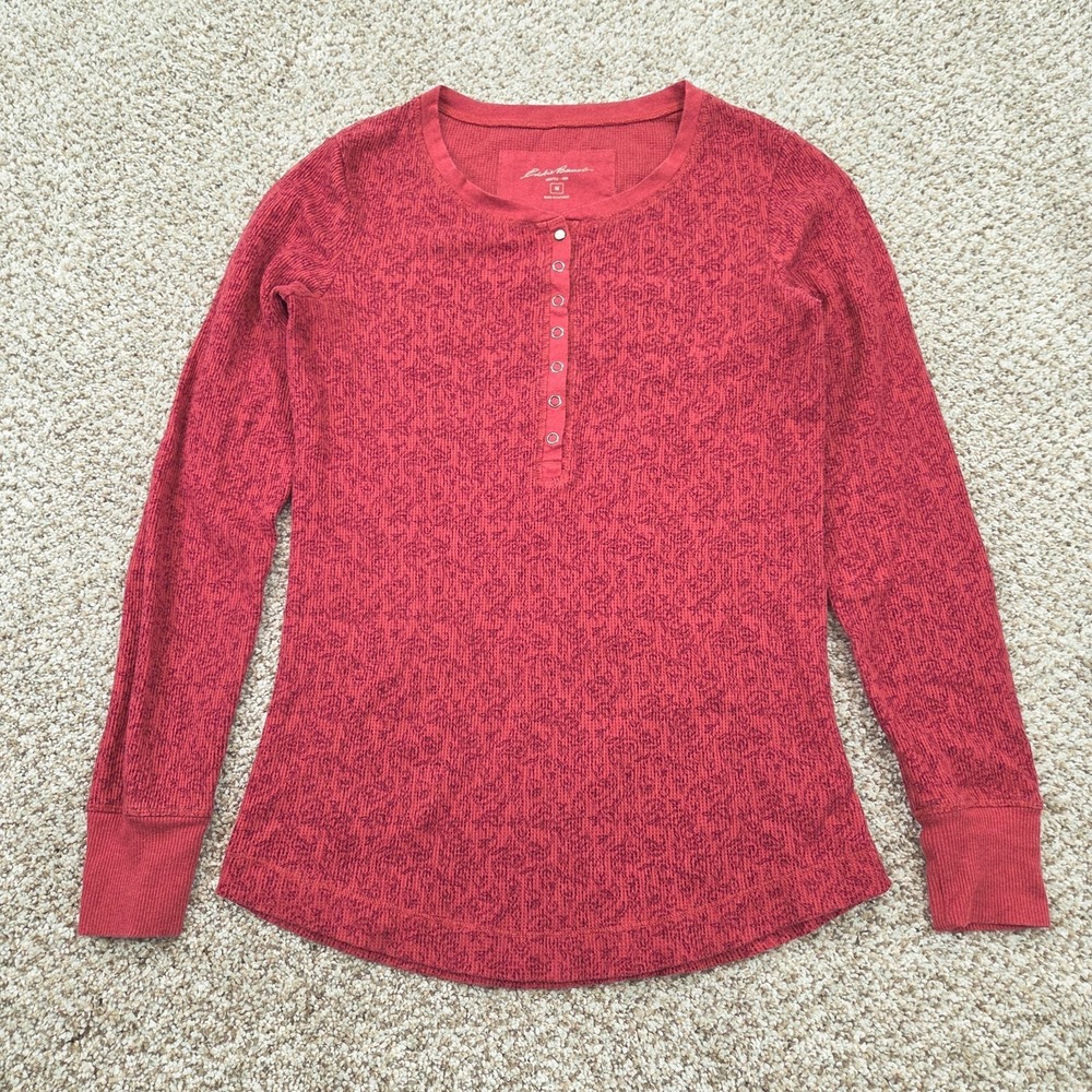 Eddie Bauer Henley Top Waffle Thermal Shirt Red Floral Earthy Y2K Womens M